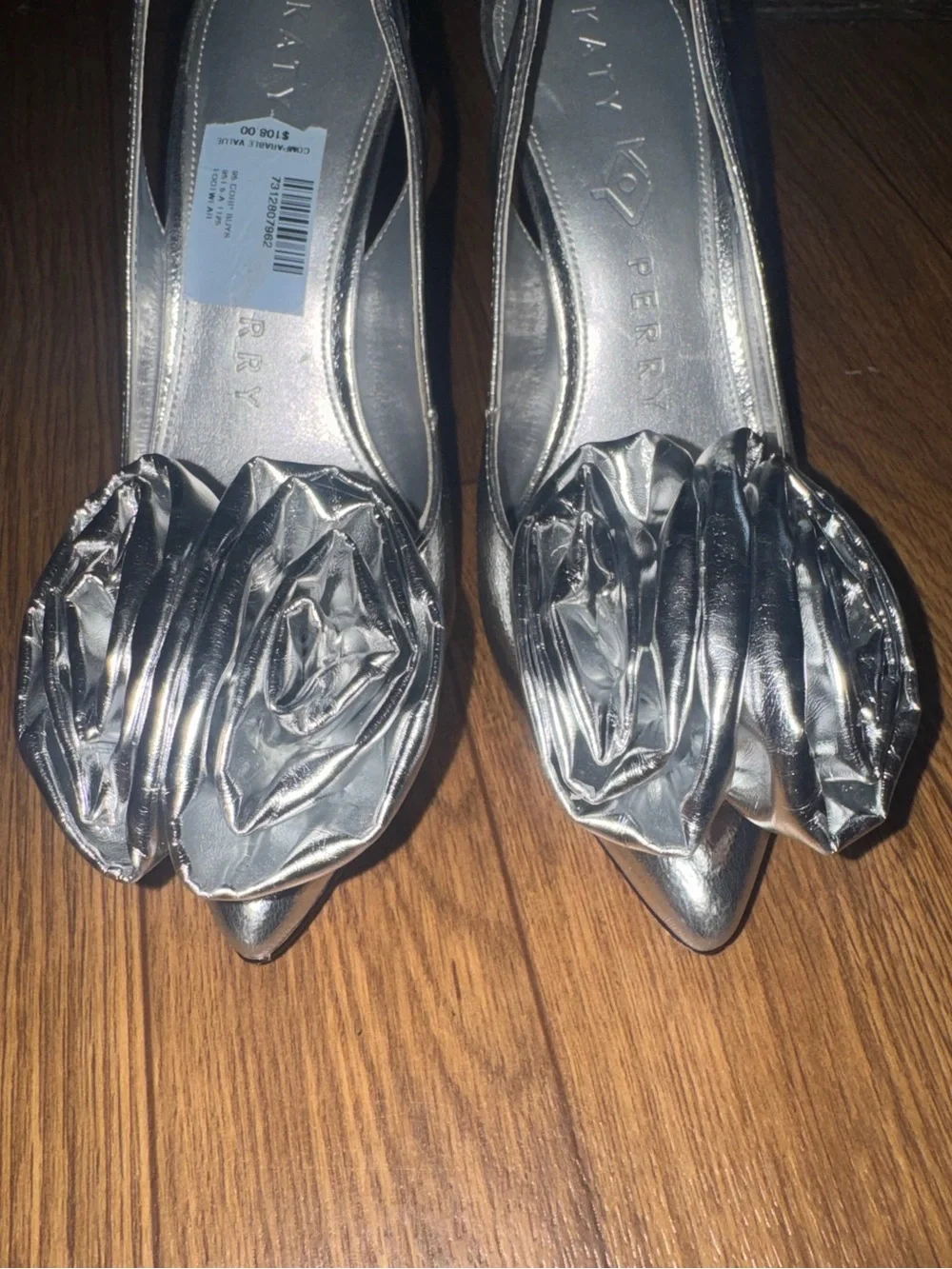 Silver Slingback Heels LATERR HIGH FLOWER 7.5M/37.5 w/Floral‎ Appliqué NWOB